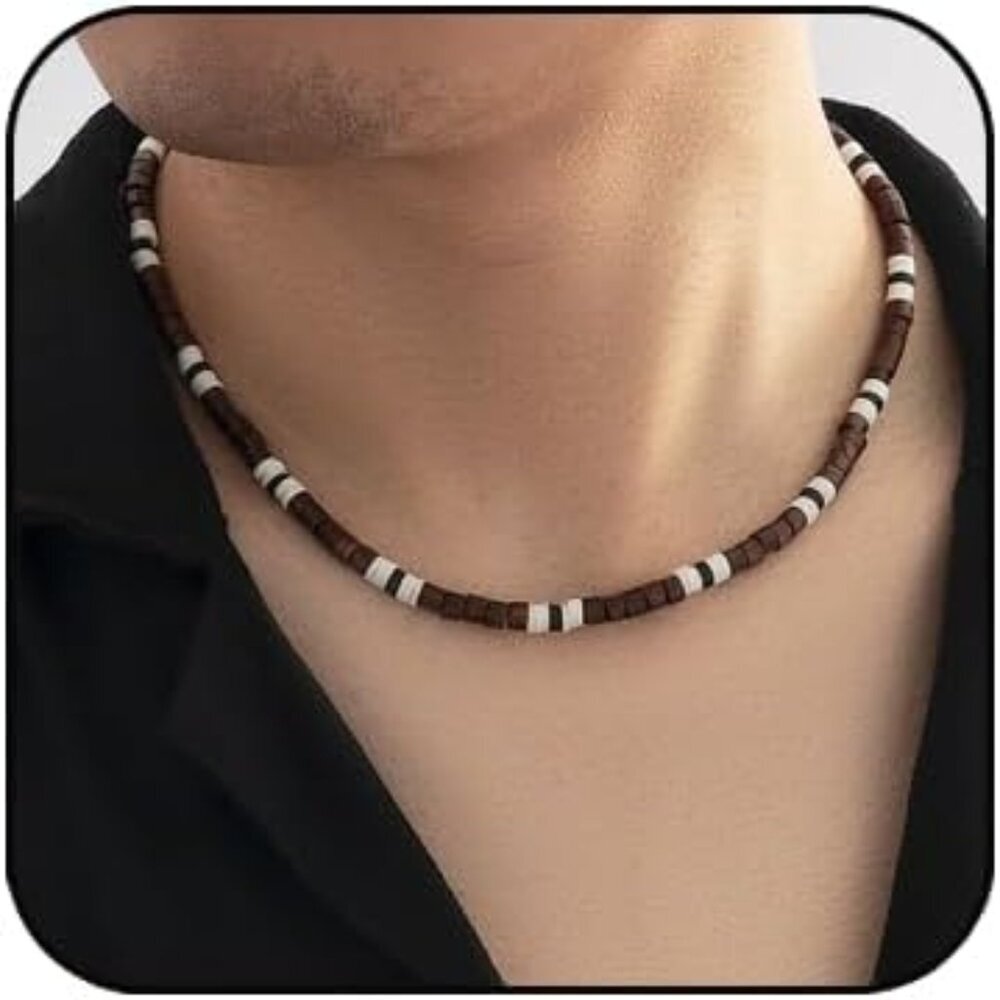 Beaded Necklace for Men,Handmade Men Beaded Choker Necklace,Mens Surfer Heishi N
